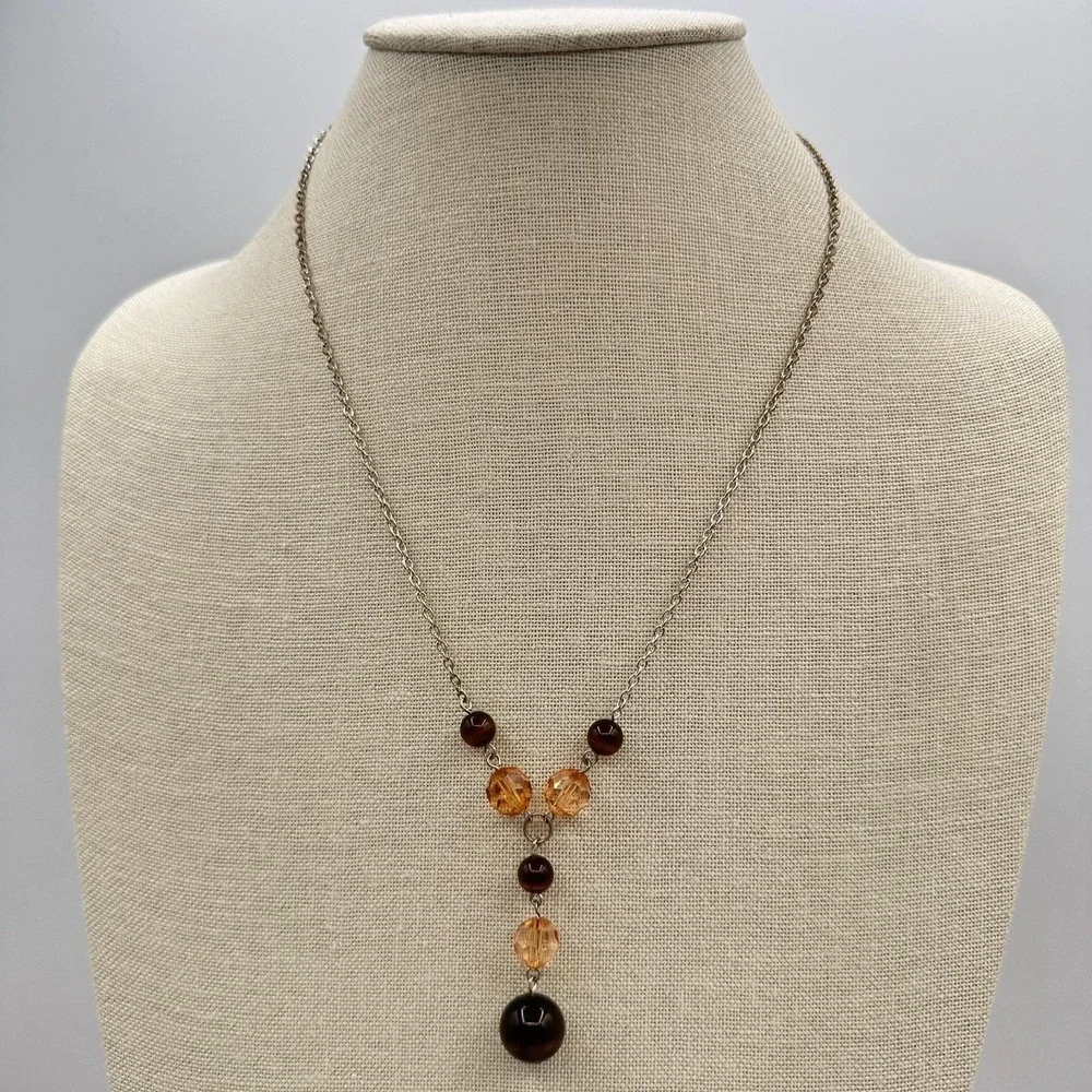 Vintage Y2K Silver Tone‎ Beaded Y-Drop Necklace Boho Statement Women's Jewelry